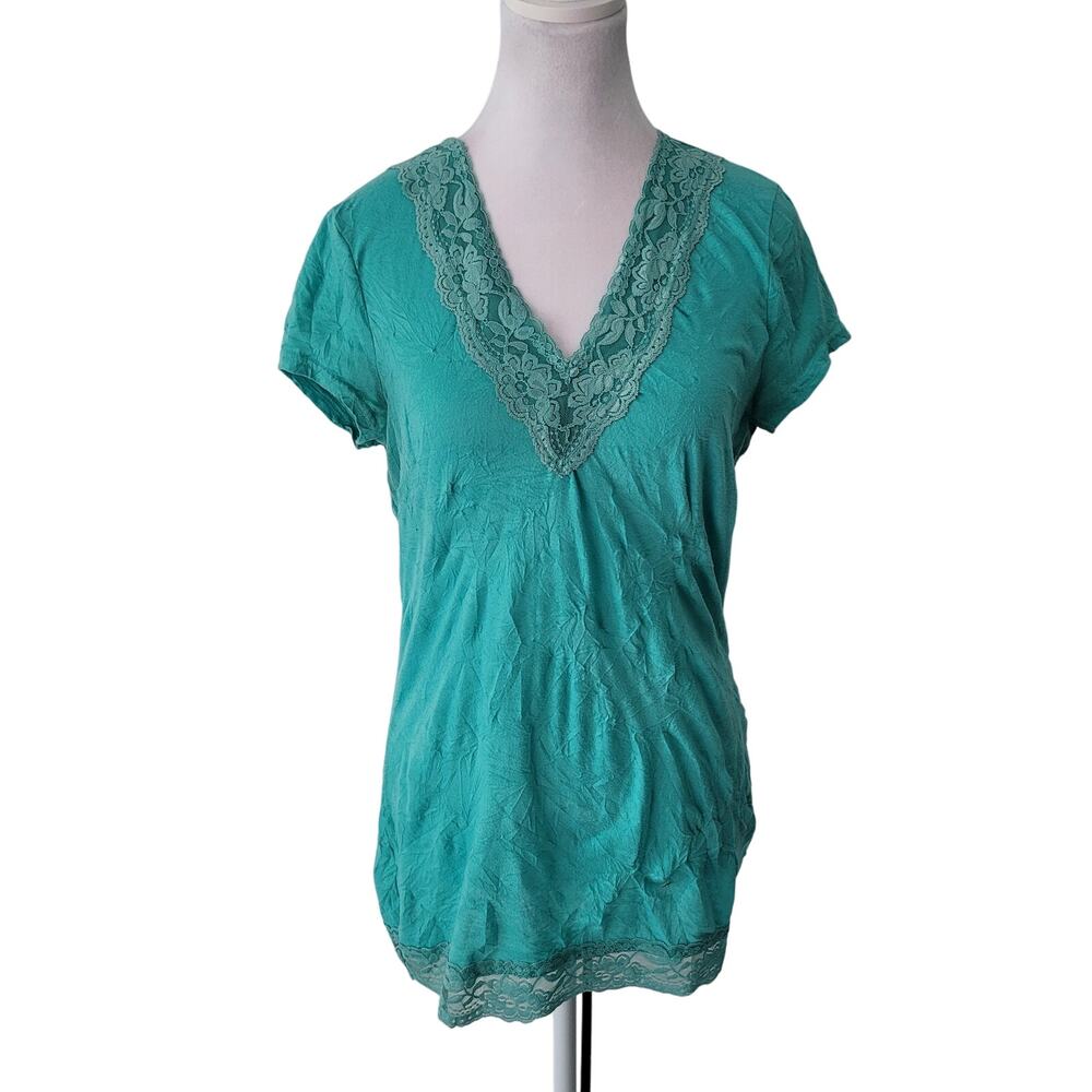 Maurices Size M Teal Crinkle Lace Trim V Neck Top Y2K Feminine Boho - Picture 1 of 9